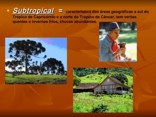 • SubtropicalSubtropical == característico das áreas geográficas a sul do
Trópico de Capricórnio e a norte do Trópico de Câncer, tem verões
quentes e invernos frios, chuvas abundantes.
 