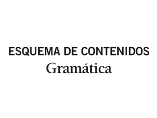 Gramática
La oración (págs. 28-30)
     Estudio de la
ESQUEMA DE CONTENIDOS
          Gramática
 1. La oración. Sujeto y predicado
    • La oración es un enunciado que contie
          La oración (págs. 28-3
      o más verbos en forma personal. En un
      se distinguen dos elementos:
    • – El sujeto es el grupo de palabras que
 