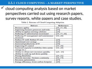 2.5.1 CLOUD COMPUTING – A MARKET PERSPECTIVE
 cloud computing analysis based on market
perspectives carried out using research papers,
survey reports, white papers and case studies.
 