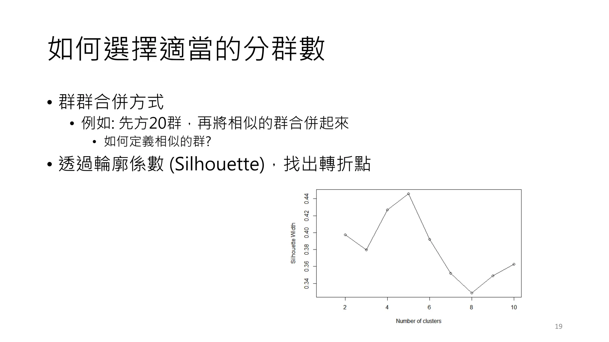如何選擇適當的分群數
• 群群合併方式
• 例如: 先方20群，再將相似的群合併起來
• 如何定義相似的群?
• 透過輪廓係數 (Silhouette)，找出轉折點
19
 