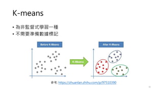 K-means
• 為非監督式學習一種
• 不需要準備數據標記
16
參考: https://zhuanlan.zhihu.com/p/97510390
 