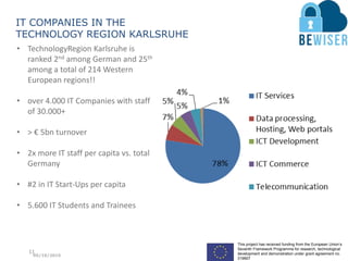 This project has received funding from the European Union’s
Seventh Framework Programme for research, technological
development and demonstration under grant agreement no.
319907
IT COMPANIES IN THE
TECHNOLOGY REGION KARLSRUHE
• TechnologyRegion Karlsruhe is
ranked 2nd among German and 25th
among a total of 214 Western
European regions!!
• over 4.000 IT Companies with staff
of 30.000+
• > € 5bn turnover
• 2x more IT staff per capita vs. total
Germany
• #2 in IT Start-Ups per capita
• 5.600 IT Students and Trainees
11
05/10/2015
 