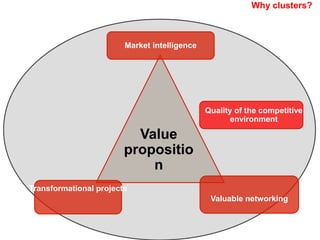 Transformational projects
Market intelligence
Valuable networking
Value
propositio
n
Quality of the competitive
environment
Why clusters?
 