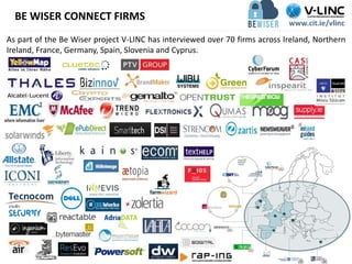 As part of the Be Wiser project V-LINC has interviewed over 70 firms across Ireland, Northern
Ireland, France, Germany, Spain, Slovenia and Cyprus.
BE WISER CONNECT FIRMS
 