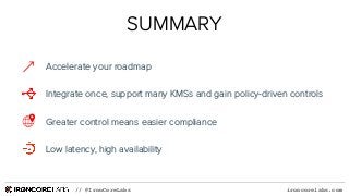 ironcorelabs.com// @IronCoreLabs
SUMMARY
Accelerate your roadmap
Greater control means easier compliance
Integrate once, s...
