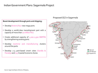 Indian Government Plans: Sagarmala Project
Proposed CEZ in Sagarmala
Source: Sagarmala Report, Ministry of Shipping
Boost development through ports and shipping-
• Develop three to four new mega ports
• Develop a world-class transshipment port with a
capacity of more than 10 millionTEU
• Create additional capacity of 1,200–1,500 MMTPA
by strengthening existing ports
• Develop maritime and manufacturing clusters
around the ports
• Develop 2–3 port-based smart cities (Kandla &
Paradip) and (14) Coastal Economic Zones
 