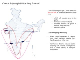 Coastal Shipping in INDIA: Way Forward
Kandla
Mormugao
Kolkata
Kakinada
Coastal Shipping will get a boost when this
300 Kms belt is developed with Port based
CEZs
• which will provide cargo to the
ports,
• Generate Employment and
• simulate demand of goods &
services along the coast
• Increase Exports
Coastal Shipping : Feasibility
• When coastal movement is cheaper
than road transport despite Port
handling costs at either end.
• As the road distance reduces coastal
shipping will become uncompetitive
due to lesser saving in transport
component.
 