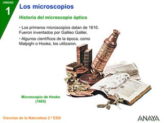 Ciencias de la Naturaleza 2.º ESO
Microscopio de Hooke
(1665)
UNIDAD
1
• Los primeros microscopios datan de 1610.
Fueron inventados por Galileo Galilei.
• Algunos científicos de la época, como
Malpighi o Hooke, los utilizaron.
Los microscopios
Historia del microscopio óptico
 