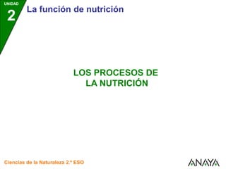 UNIDAD
2
La función de nutrición
Ciencias de la Naturaleza 2.º ESO
LOS PROCESOS DE
LA NUTRICIÓN
 