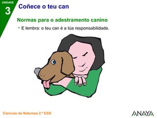 UNIDADE 
3 
Coñece o teu can 
Normas para o adestramento canino 
 E lembra: o teu can é a túa responsabilidade. 
Ciencias da Natureza 2.º ESO 

