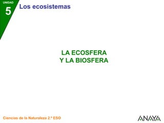 UNIDAD
5
Los ecosistemas
Ciencias de la Naturaleza 2.º ESO
LA ECOSFERA
Y LA BIOSFERA
 