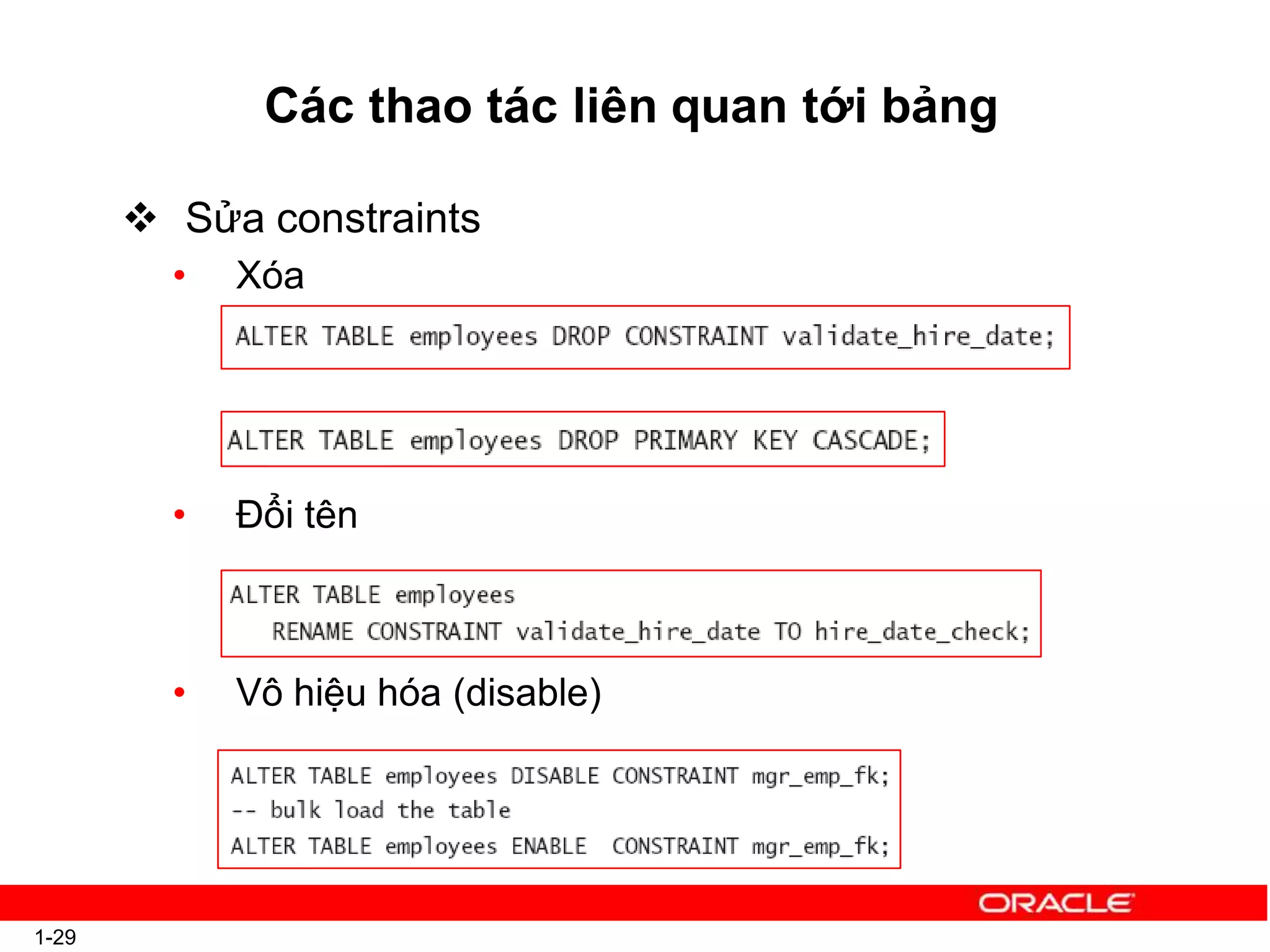Các thao tác liên quan tới bảng
 Sửa constraints
• Xóa
• Đổi tên
• Vô hiệu hóa (disable)
1-29
 