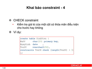 Khai báo constraint - 4
 CHECK constraint
• Kiểm tra giá trị của một cột có thỏa mãn điều kiện
cho trước hay không
 Ví dụ:
1-24
 