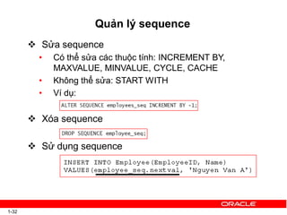 Quản lý sequence
 Sửa sequence
• Có thể sửa các thuộc tính: INCREMENT BY,
MAXVALUE, MINVALUE, CYCLE, CACHE
• Không thể sửa: START WITH
• Ví dụ:
 Xóa sequence
 Sử dụng sequence
1-32
 
