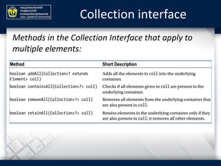 Collection interface
Methods in the Collection Interface that apply to
multiple elements:
 