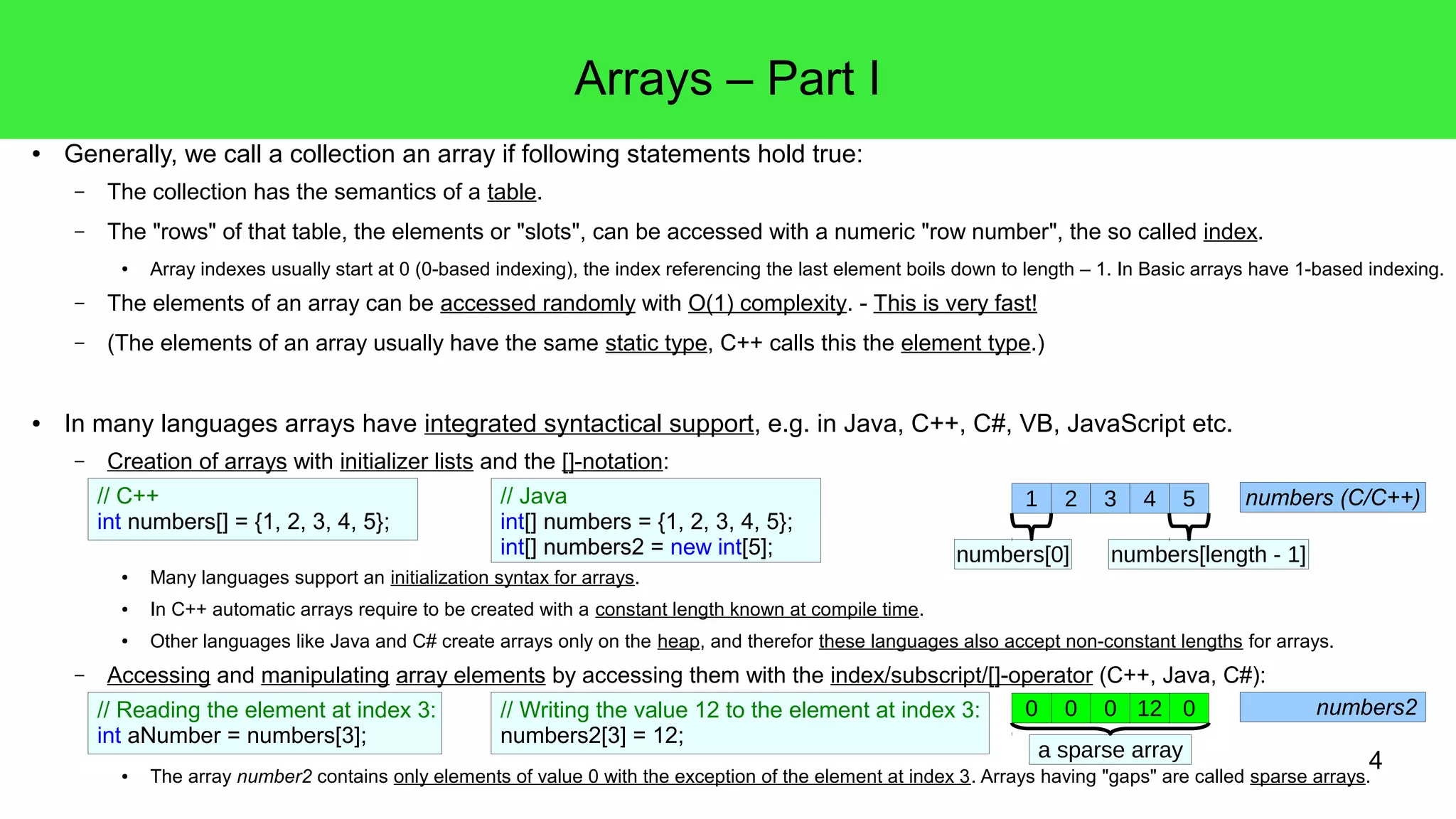 numbers (C/C++) 
0 0 0 12 0 numbers2 
a sparse array 
4 
Arrays – Part I 
● Generally, we call a collection an array if following statements hold true: 
– The collection has the semantics of a table. 
– The "rows" of that table, the elements or "slots", can be accessed with a numeric "row number", the so called index. 
● Array indexes usually start at 0 (0-based indexing), the index referencing the last element boils down to length – 1. In Basic arrays have 1-based indexing. 
– The elements of an array can be accessed randomly with O(1) complexity. - This is very fast! 
– (The elements of an array usually have the same static type, C++ calls this the element type.) 
● In many languages arrays have integrated syntactical support, e.g. in Java, C++, C#, VB, JavaScript etc. 
– Creation of arrays with initializer lists and the []-notation: 
// C++ 
int numbers[] = {1, 2, 3, 4, 5}; 
// Java 
int[] numbers = {1, 2, 3, 4, 5}; 
int[] numbers2 = new int[5]; 
● Many languages support an initialization syntax for arrays. 
● In C++ automatic arrays require to be created with a constant length known at compile time. 
1 2 3 4 5 
numbers[0] 
numbers[length - 1] 
● Other languages like Java and C# create arrays only on the heap, and therefor these languages also accept non-constant lengths for arrays. 
– Accessing and manipulating array elements by accessing them with the index/subscript/[]-operator (C++, Java, C#): 
// Reading the element at index 3: 
int aNumber = numbers[3]; 
// Writing the value 12 to the element at index 3: 
numbers2[3] = 12; 
● The array number2 contains only elements of value 0 with the exception of the element at index 3. Arrays having "gaps" are called sparse arrays. 
 