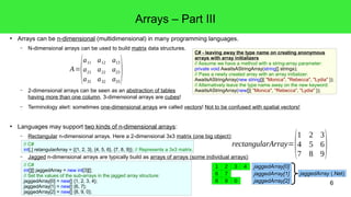 C# - leaving away the type name on creating anonymous 
arrays with array initializers 
// Assume we have a method with a string-array parameter: 
private void AwaitsAStringArray(string[] strings); 
// Pass a newly created array with an array initializer: 
AwaitsAStringArray(new string[]{ "Monica", "Rebecca", "Lydia" }); 
// Alternatively leave the type name away on the new keyword: 
AwaitsAStringArray(new[]{ "Monica", "Rebecca", "Lydia" }); 
6 7 jaggedArray (.Net) 
6 
● Arrays can be n-dimensional (multidimensional) in many programming languages. 
– N-dimensional arrays can be used to build matrix data structures. 
– 2-dimensional arrays can be seen as an abstraction of tables 
having more than one column. 3-dimensional arrays are cubes! 
– Terminology alert: sometimes one-dimensional arrays are called vectors! Not to be confused with spatial vectors! 
● Languages may support two kinds of n-dimensional arrays: 
– Rectangular n-dimensional arrays. Here a 2-dimensional 3x3 matrix (one big object): 
// C# 
int[,] retangularArray = {{1, 2, 3}, {4, 5, 6}, {7, 8, 9}}; // Represents a 3x3 matrix. 
– Jagged n-dimensional arrays are typically build as arrays of arrays (some individual arrays): 
// C# 
int[][] jaggedArray = new int[3][]; 
// Set the values of the sub-arrays in the jagged array structure: 
jaggedArray[0] = new[] {1, 2, 3, 4}; 
jaggedArray[1] = new[] {6, 7}; 
jaggedArray[2] = new[] {8, 9, 0}; 
1 2 3 4 
8 9 0 
jaggedArray[0] 
jaggedArray[1] 
jaggedArray[2] 
A=(a11 a12 a13 
a21 a22 a23 
a31 a32 a33) 
rectangularArray=(1 2 3 
4 5 6 
7 8 9) 
Arrays – Part III 
 