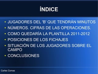 ÍNDICE JUGADORES DEL 'B' QUE TENDRÁN MINUTOS NÚMEROS. CIFRAS DE LAS OPERACIONES. COMO QUEDARÍA LA PLANTILLA 2011-2012 POSICIONES DE LOS FICHAJES SITUACIÓN DE LOS JUGADORES SOBRE EL CAMPO CONCLUSIONES Carles Comas 