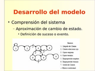 Desarrollo del modelo

    Comprensión del sistema
    −   Aproximación de cambio de estado.
         
             Definición de suceso o evento.
 