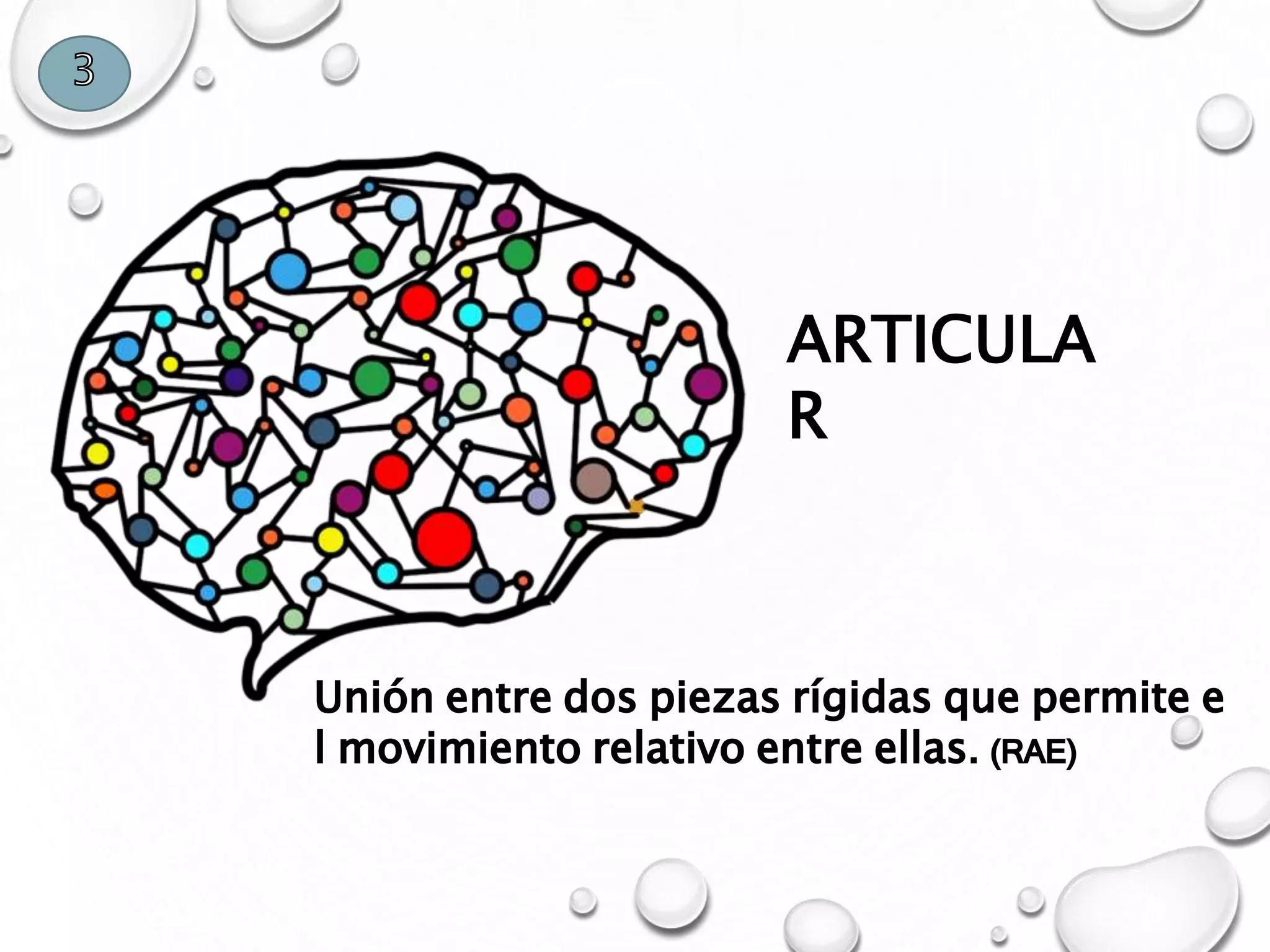 Unión entre dos piezas rígidas que permite e
l movimiento relativo entre ellas. (RAE)
ARTICULA
R
3
 