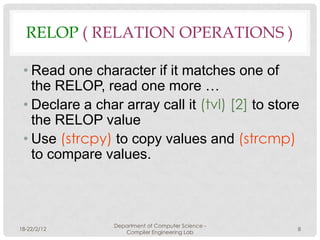 RELOP ( RELATION OPERATIONS )

 • Read one character if it matches one of
   the RELOP, read one more …
 • Declare a char array call it (tvl) [2] to store
   the RELOP value
 • Use (strcpy) to copy values and (strcmp)
   to compare values.



                 Department of Computer Science -
18-22/2/12                                          8
                    Compiler Engineering Lab
 