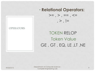 • Relational Operators:
                           >= , > , == , <=
                                , > , !=
    OPERATORS

                           TOKEN RELOP
                            Token Value
                       GE , GT , EQ, LE ,LT ,NE



                Department of Computer Science -
18-22/2/12                                         9
                   Compiler Engineering Lab
 