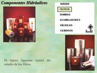 Componentes Hidráulicos




 El tópico siguiente tratará del
 estudio de los filtros.
 