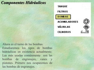 Componentes Hidráulicos




Ahora es el turno de las bombas.
Estudiaremos los tipos de bombas
hidráulicas en existencia actualmente.
Las más usadas comúnmente son las
bombas de engranajes, vanes y
pistones. Primero nos ocuparemos de
las bombas de engranajes.
 