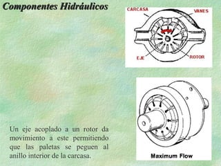 Componentes Hidráulicos




 Un eje acoplado a un rotor da
 movimiento a este permitiendo
 que las paletas se peguen al
 anillo interior de la carcasa.
 