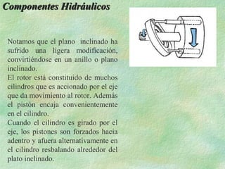 Componentes Hidráulicos


 Notamos que el plano inclinado ha
 sufrido una ligera modificación,
 convirtiéndose en un anillo o plano
 inclinado.
 El rotor está constituido de muchos
 cilindros que es accionado por el eje
 que da movimiento al rotor. Además
 el pistón encaja convenientemente
 en el cilindro.
 Cuando el cilindro es girado por el
 eje, los pistones son forzados hacia
 adentro y afuera alternativamente en
 el cilindro resbalando alrededor del
 plato inclinado.
 