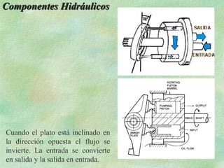 Componentes Hidráulicos




Cuando el plato está inclinado en
la dirección opuesta el flujo se
invierte. La entrada se convierte
en salida y la salida en entrada.
 