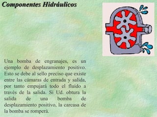 Componentes Hidráulicos




Una bomba de engranajes, es un
ejemplo de desplazamiento positivo.
Esto se debe al sello preciso que existe
entre las cámaras de entrada y salida,
por tanto empujará todo el fluido a
través de la salida. Si Ud. obtura la
salida     de     una     bomba      de
desplazamiento positivo, la carcasa de
la bomba se romperá.
 