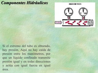 Componentes Hidráulicos




Si el extremo del tubo es obturado,
hay presión. Aquí no hay caída de
presión entre los manómetros, por
que un liquido confinado transmite
presión igual y en todas direcciones
y actúa con igual fuerza en igual
área.
 