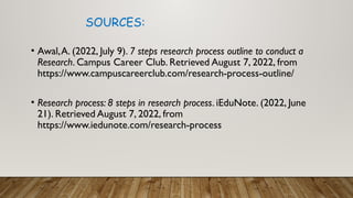 SOURCES:
• Awal,A. (2022, July 9). 7 steps research process outline to conduct a
Research. Campus Career Club. Retrieved August 7, 2022, from
https://www.campuscareerclub.com/research-process-outline/
• Research process: 8 steps in research process. iEduNote. (2022, June
21). Retrieved August 7, 2022, from
https://www.iedunote.com/research-process
 