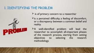  is of primary concern to a researcher
is a perceived difficulty, a feeling of discomfort,
or a discrepancy between a common belief and
reality.
A well-identified problem will lead the
researcher to accomplish all-important phases
of the research process, starting from setting
objectives to selecting the research
methodology.
1. IDENTIFYING THE PROBLEM
 