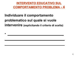INTERVENTO EDUCATIVO SUL COMPORTAMENTO PROBLEMA  - 4 Individuare il comportamento problematico sul quale si vuole intervenire  (esplicitando il criterio di scelta) _____________________________ _______________________________ _______________________________ 