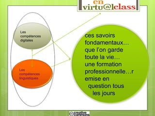 Les
compétences     ces savoirs
digitales
                fondamentaux…
                que l’on garde
                toute la vie…
                une formation
Les
compétences
                professionnelle…r
linguistiques   emise en
                 question tous
                   les jours
 