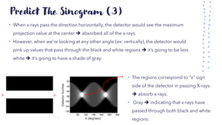 Predict The Sinogram (3)
• When x-rays pass the direction horizontally, the detector would see the maximum
projection value at the center ➔ absorbed all of the x-rays.
• However, when we’re looking at any other angle (ex: vertically), the detector would
pink up values that pass through the black and white regions ➔ it’s going to be less
white ➔ it’s going to have a shade of gray.
• The regions correspond to “x” sign
side of the detector in passing X-rays.
➔ absorb x-rays.
• Gray ➔ indicating that x-rays have
passed through both black and white
regions.
x x
 