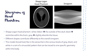 Sinogram of
Head
Phantom
• Shepp-Logan head phantom: white ribbon ➔ the outside of the skull, black ➔
ventricles within the brain, gray ➔ slightly absorbs the tissue.
• Different shapes contribute differently to the overall sinogram.
• This model should look like in the sense that is the various levels of gray, black, and
white in a sort of a sinusoidal pattern that can be traced to one specific geometry
within the body.
 