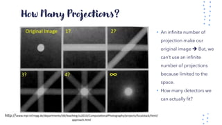 How Many Projections?
• An infinite number of
projection make our
original image ➔ But, we
can’t use an infinite
number of projections
because limited to the
space.
• How many detectors we
can actually fit?
 