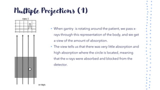 Multiple Projections (1)
• When gantry is rotating around the patient, we pass x-
rays through this representation of the body, and we get
a view of the amount of absorption.
• The view tells us that there was very little absorption and
high absorption where the circle is located, meaning
that the x-rays were absorbed and blocked from the
detector.
 
