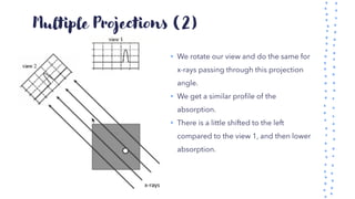 Multiple Projections (2)
• We rotate our view and do the same for
x-rays passing through this projection
angle.
• We get a similar profile of the
absorption.
• There is a little shifted to the left
compared to the view 1, and then lower
absorption.
 