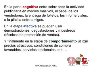 DRA. ALICIA DE LA PEÑA
En la parte cognitiva entra sobre todo la actividad
publicitaria en medios masivos, el papel de los
vendedores, la entrega de folletos, los infomerciales,
o la plática entre amigos.
En la etapa afectiva se pueden usar
demostraciones, degustaciones y muestreos
(técnicas de promoción de ventas).
Y finalmente en la etapa de comportamiento utilizar
precios atractivos, condiciones de compra
favorables, servicios adicionales, etc….
 