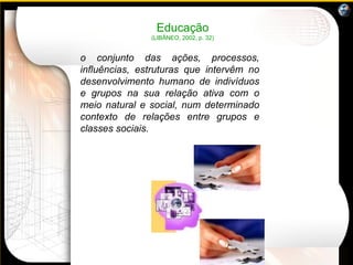 Educação (LIBÂNEO, 2002, p. 32) o  conjunto das ações, processos, influências, estruturas que intervêm no desenvolvimento humano de indivíduos e grupos na sua relação ativa com o meio natural e social, num determinado contexto de relações entre grupos e classes sociais.   