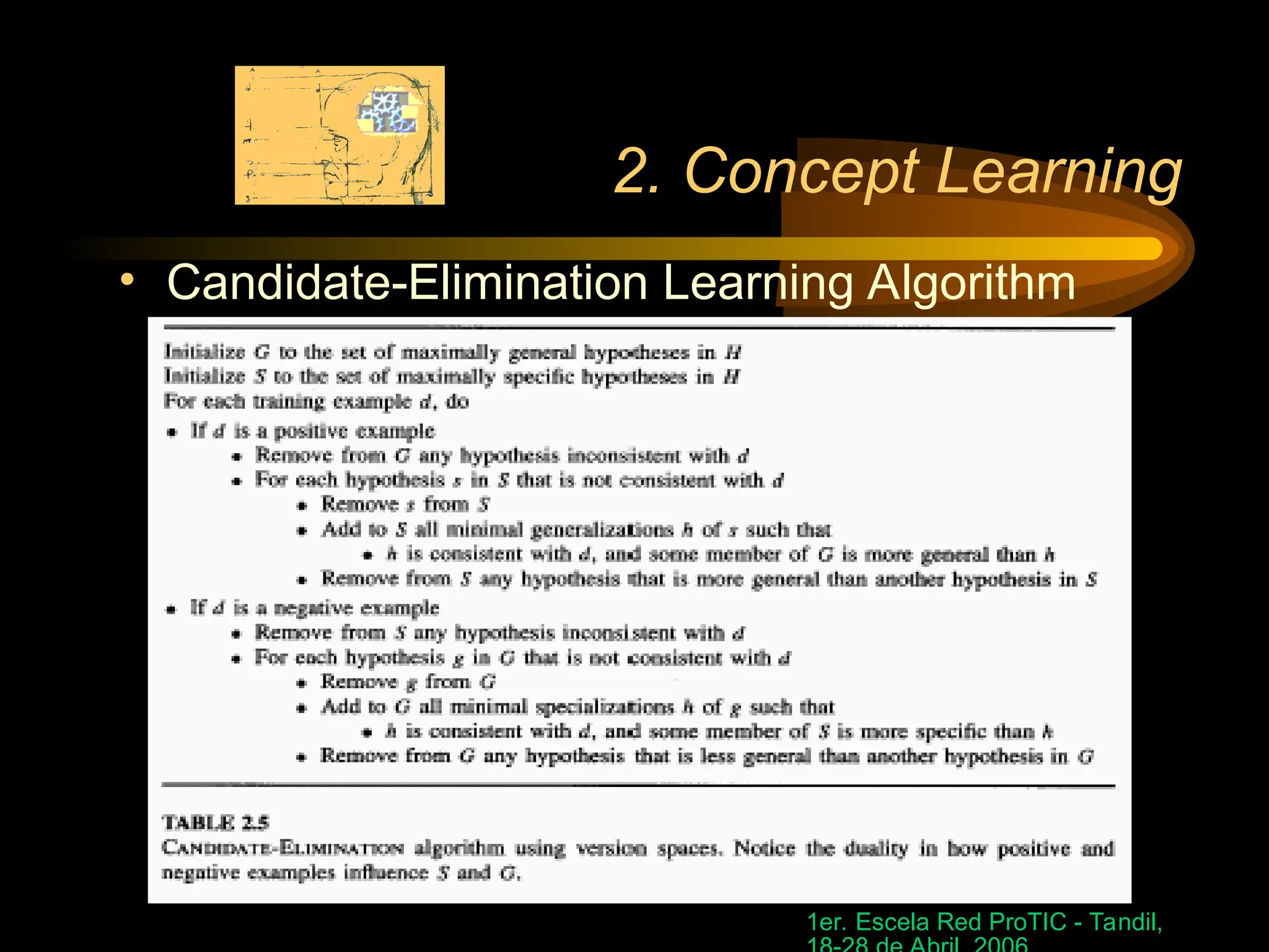 1er. Escela Red ProTIC - Tandil,
2. Concept Learning
• Candidate-Elimination Learning Algorithm
 