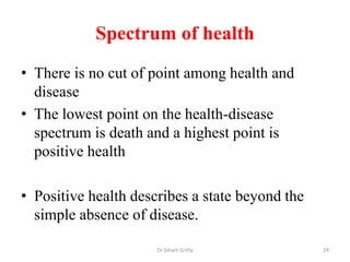 Spectrum of health
• There is no cut of point among health and
disease
• The lowest point on the health-disease
spectrum i...