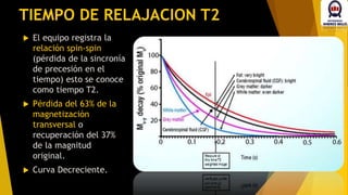 TIEMPO DE RELAJACION T2
 El equipo registra la
relación spin-spin
(pérdida de la sincronía
de precesión en el
tiempo) esto se conoce
como tiempo T2.
 Pérdida del 63% de la
magnetización
transversal o
recuperación del 37%
de la magnitud
original.
 Curva Decreciente.
 