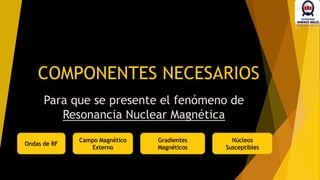 COMPONENTES NECESARIOS
Para que se presente el fenómeno de
Resonancia Nuclear Magnética
Ondas de RF
Campo Magnético
Externo
Gradientes
Magnéticos
Núcleos
Susceptibles
 