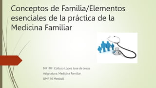 Conceptos de Familia/Elementos
esenciales de la práctica de la
Medicina Familiar
MR1MF: Collazo Lopez Jose de Jesus
Asignatura: Medicina Familiar
UMF 16 Mexicali
 