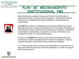 PLAN DE MEJORAMIENTO
         INSTITUCIONAL PMI
Sistemáticamente se agotan las fases de Revisión de la Identidad, la
Evaluación de cada una de las áreas de gestión, la Elaboración del perfil
institucional y el Establecimiento de las fortalezas y oportunidades de
mejoramiento.

La ETAPA 2 se refiere a la elaboración propiamente del PMI, que lleva el
abordaje sistemático de fases relacionadas con la formulación de objetivos, la
formulación de metas, la definición de indicadores de resultado, la definición
de actividades, responsables, cronograma, recursos, terminando con la
divulgación del plan a la comunidad educativa.

Por último, La ETAPA 3 se dedica al seguimiento del PMI partiendo del
montaje de un sistema de seguimiento, la revisión de objetivos y metas, la
evaluación del plan y finalmente la comunicación de resultados.

La revisión periódica de los avances y las dificultades en la ejecución es la
base para definir las acciones correctivas pertinentes, sin poner en riesgo el
plan de mejoramiento.
 
